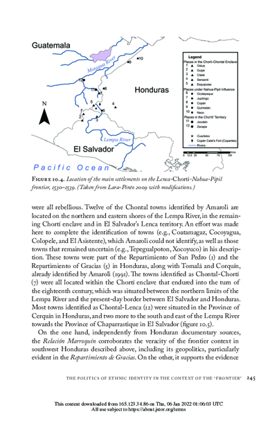 Location of the main settlements on the Lenca-Chortí-Nahua-Pipil frontier, 1530-1539. (Taken from Lara-Pinto 2009 with modifications.)