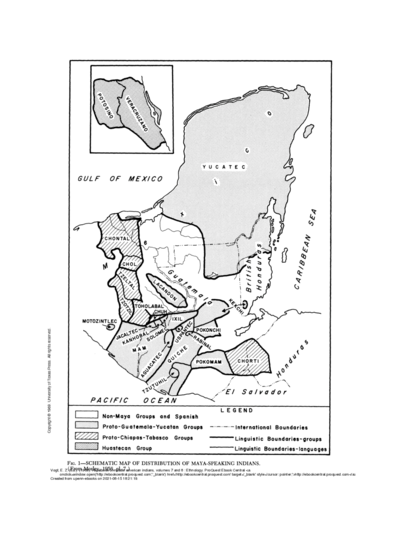 SCHEMATIC MAP OF DISTRIBUTION OF MAYA-SPEAKING INDIANS (From Morley, 1956, pl.7)