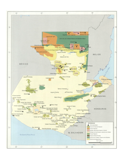 Sistema guatemalteco de áreas protegidas (SIGAP) y sitios arqueológicos en 2000.