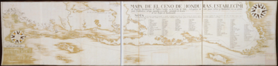 Mapa del Ceno (sic) de Honduras, Establecimientos de Ingleses, havitaciones de Indios Caribes en la Costa de Valis, navegacion de esta para Navios y Balandras con sus principales fondeaderos, abrigos, aguadas y escollos, estendida de orden de el Muy Ylustre Señor D. Martín de Mayorga, Presidente Gobernador y Capitan Gral. de este Reyno de Guatemala.