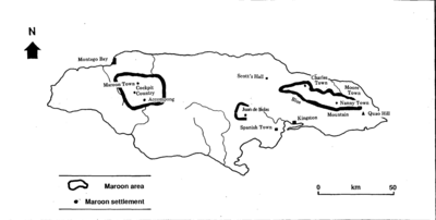 Map of Jamaica showing Maroon areas