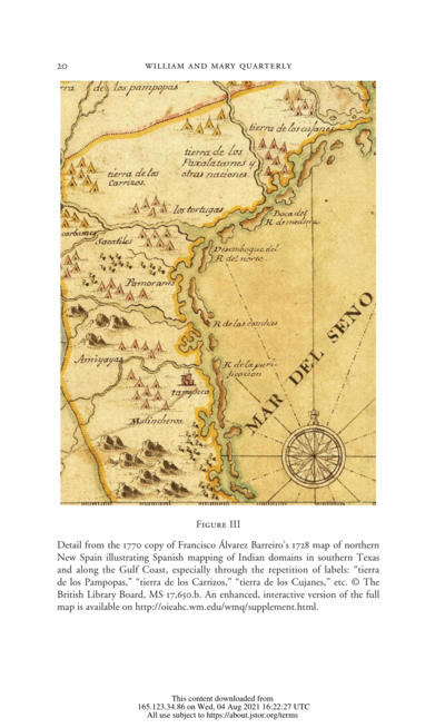 Detail from the 1770 copy of Francisco Álvarez Barreiro’s 1728 map of northern New Spain illustrating Spanish mapping of Indian domains in southern Texas and along the Gulf Coast, especially through the repetition of labels: “tierra de los Pampopas,” “tierra de los Carrizos,” “tierra de los Cujanes,” etc.