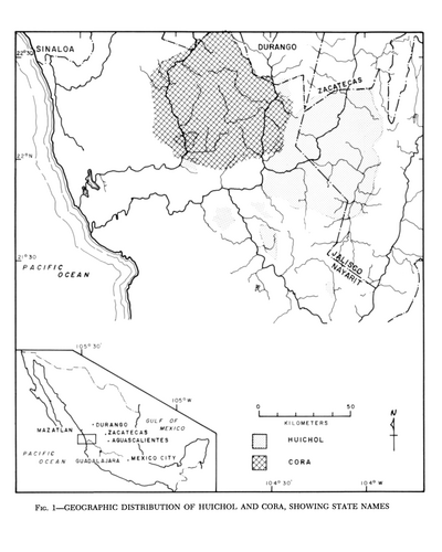 Geographic Distribution of Huichol and Cora, Showing State Names