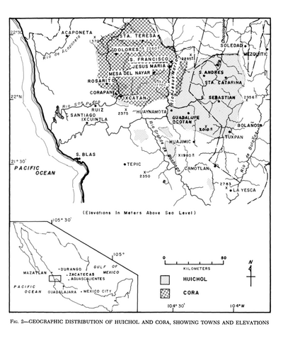 Geographic Distribution of Huichol and Cora, Showing Towns and Elevations