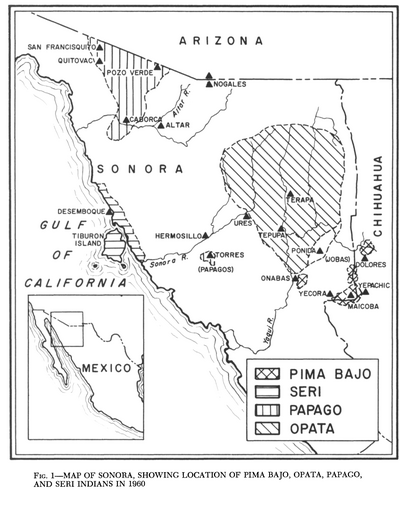 Map of Sonora, Showing Historic Location of Pima Bajo, Opata, Papago, and Seri Indians in 1960