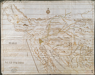 Plano que conti[en]e las Provincias de Sonora, Pimerías, Papaguería, Apachería, Rios Gila y Colorado y tierras descubiert[a]s hasta el Puerto de S[a]n Fran[cis]co en la California Septentrional y jasta el Pueblo de Oraybe en la Provincia de el Moqui, con arreglo á los diarios de el Coronel D[o]n Ant[oni]o Crespo y de los P.P. Misioneros Fr[ray] Pedro Font y Fr[ay] Francisco Garcés de q[uie]n, los viajes desde la nación Jabajaba en el Río Colorado hasta la misión de S[a]n Gabriel, a las Naciones que están al Norte de esta Misión, su regreso á los Jamajabas y camino que hizo al Moqui, están señalados con lineas de puntos: con cuia señal se manifiesta también la línea de Presidios de esta frontera