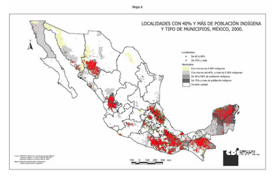 LOCALIDADES CON 40% Y MAS DE POBLACION INDIGENA Y TIPO DE MUNICIPIOS, MÉXICO, 2000