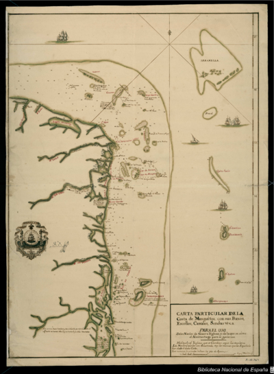 Carta Particular de la Costa de Mosquitos;con sus Baxos;Escollos;Canales;Sonadas & c.a.[Material cartogáfico]:Para el Uso Delos Navios de Guerra Yngleses;y de la que sirve el Almirantasgo para su govierno.