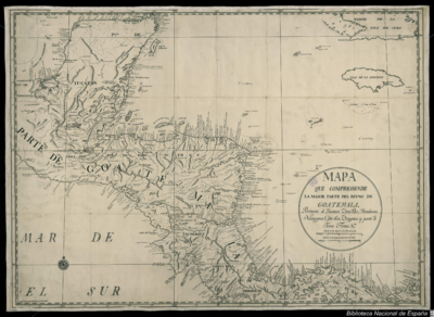 Mapa que comprehende la mayor parte del reyno de Goatemala;Provincias de Yucatan;Vera-Paz;Honduras;Nicaragua;Costa-Rica;Veraguas y parte de Tierra Firme.