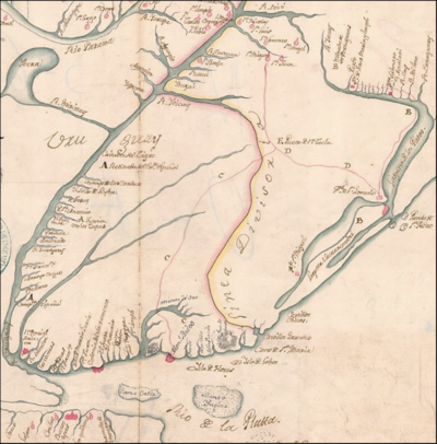 Plano del Rio de la Plata que comprende los Pueblos de Misiones y Linea que se puso para dividir las Jurisdiciones entre los dos Monarcas de España y Portugal aunque despues en el año 1759 se quedaron las cosas como se estavan