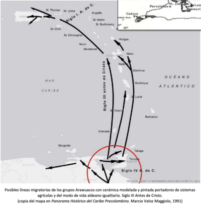 Posibles líneas migratorias de los grupos Arawuacos con cerámica modelada y pintada portadores de sistemas
agrícolas y del modo de vida aldeano igualitario. Siglo III Antes de Cristo.